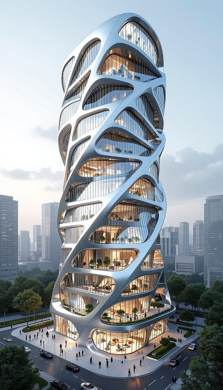 Futuristic Silver High-Rise Building with Twisted Design