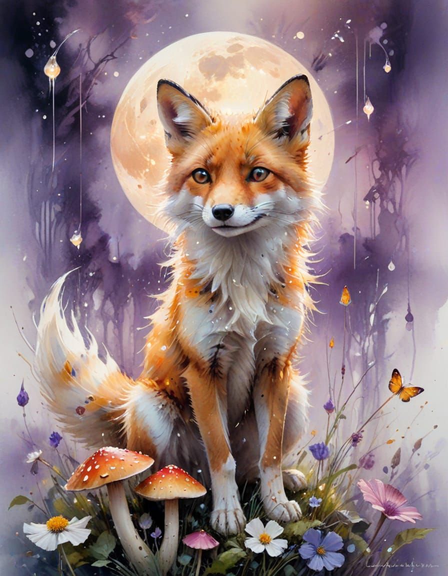 Moon-Fox on Mushroom in Watercolor Neo-Impressionist Style