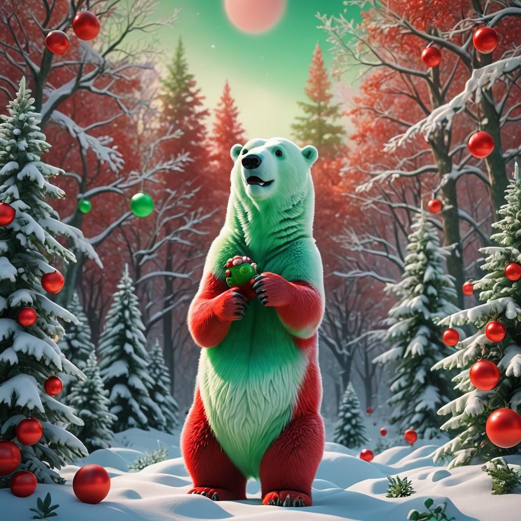 Festive Polar Bear in Winter Wonderland, Digital Art