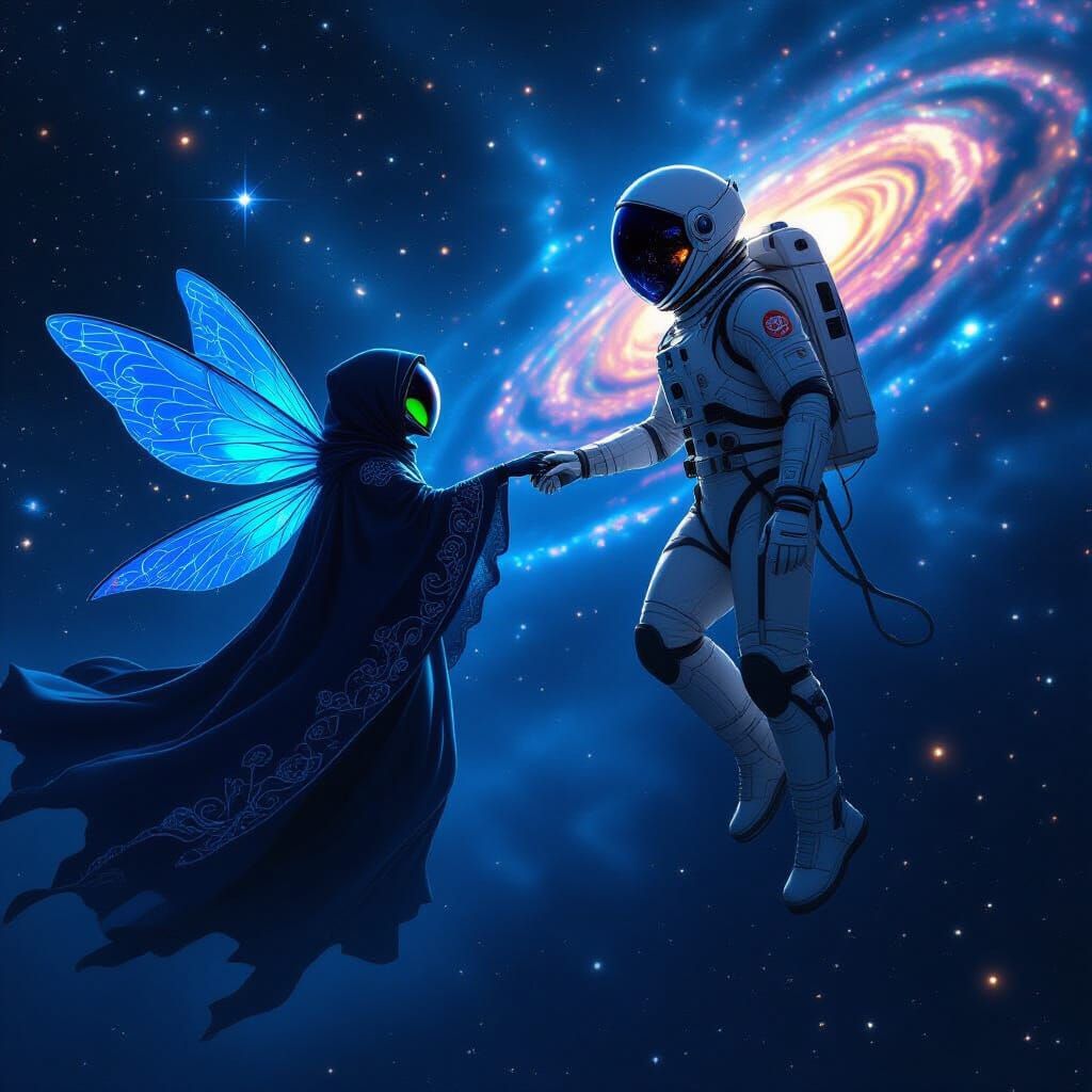 Cosmic Mantis and Cosmonaut Soaring Through Space
