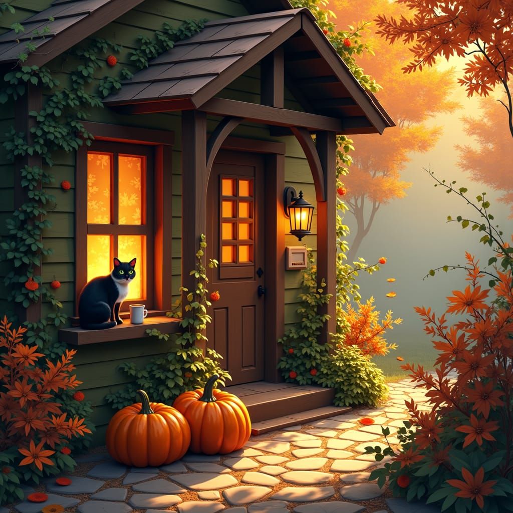 Autumn Cottage with Cat in Splash Art Style