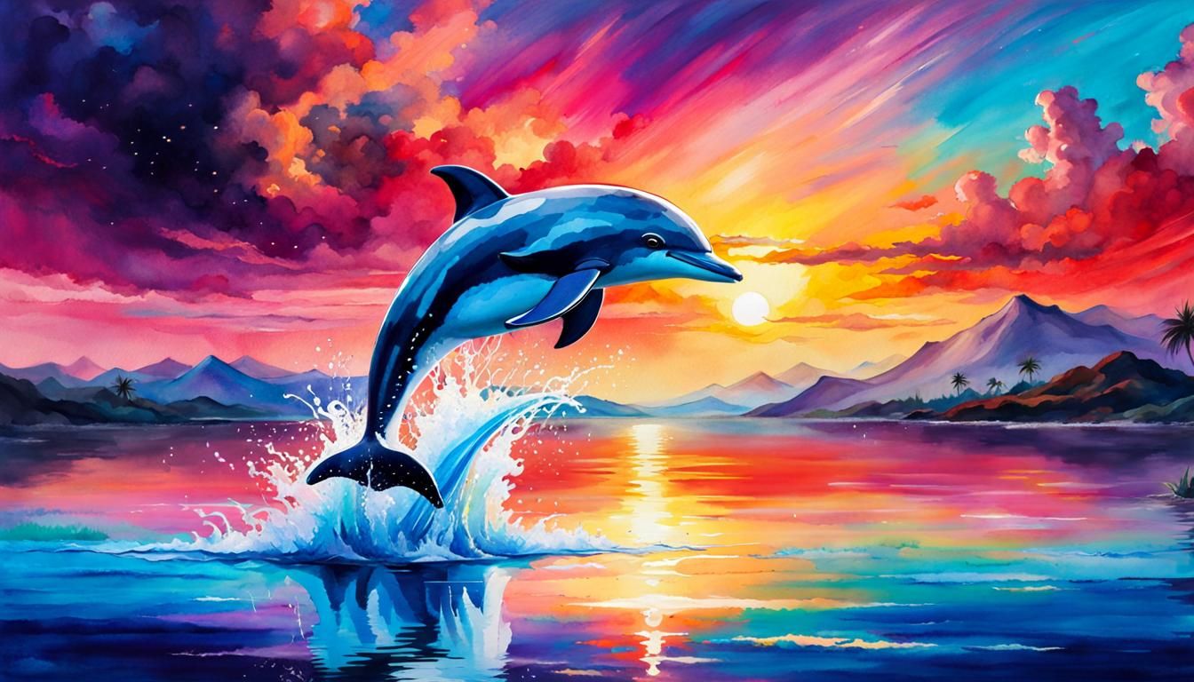 Dolphin Leaping at Sunset in Watercolour Splash Art