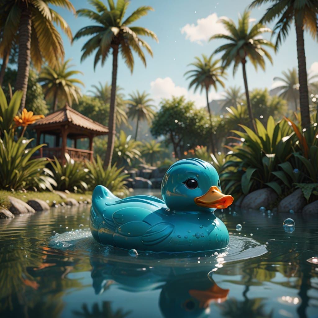 Vibrant Chibi Rubber Duck in Serene Oasis, Photorealistic Re...