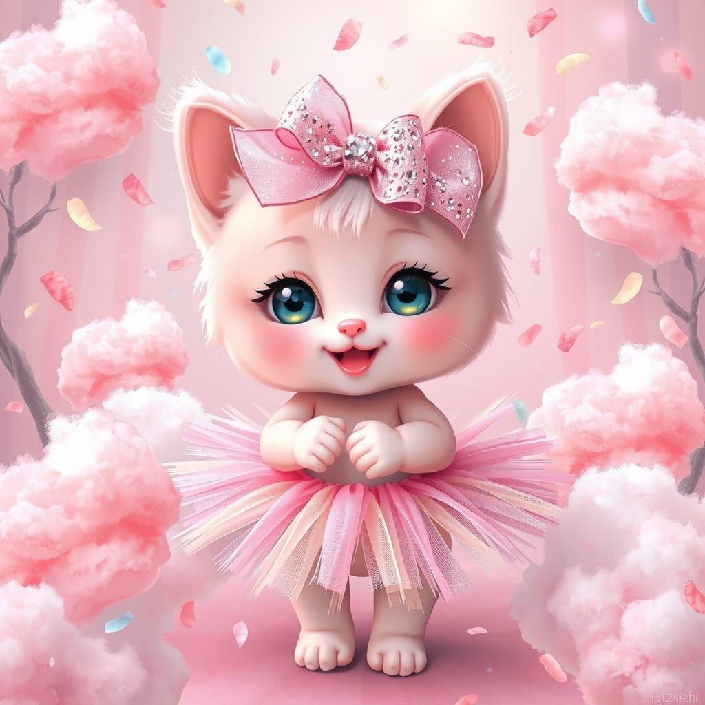 Whimsical Pink Kitten Girl in Dreamy Cloudscape