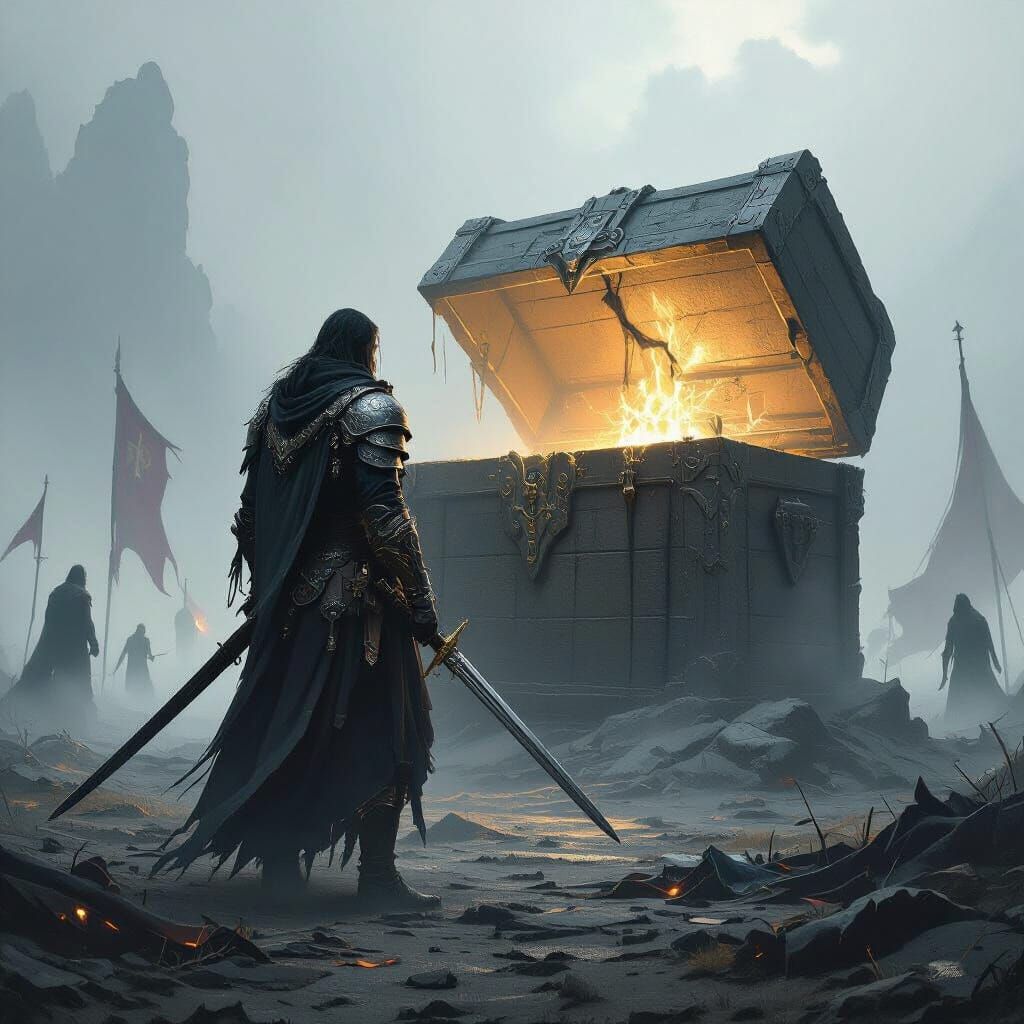 Dark Fantasy Swordsman Before Ancient Chest