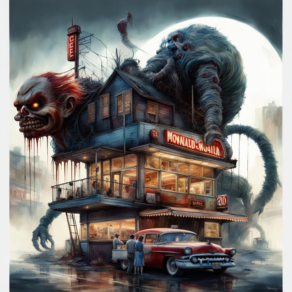 Macabre Monster in 1950s Diner, 3D Render