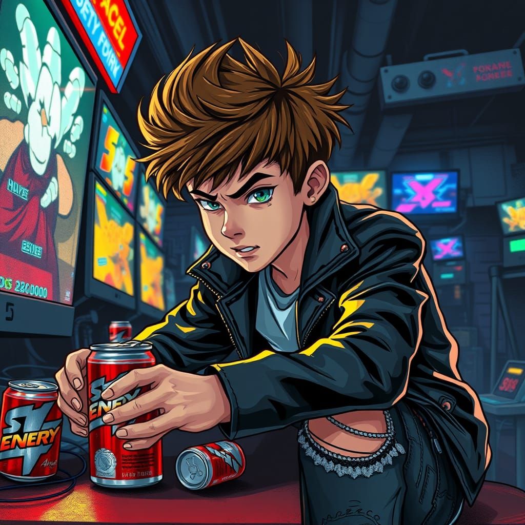 Energetic Gamer in Neon-Lit Arcade