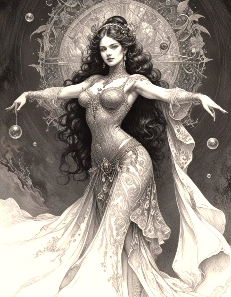 Elegant Fantasy Woman in Classic Pen and Ink Style