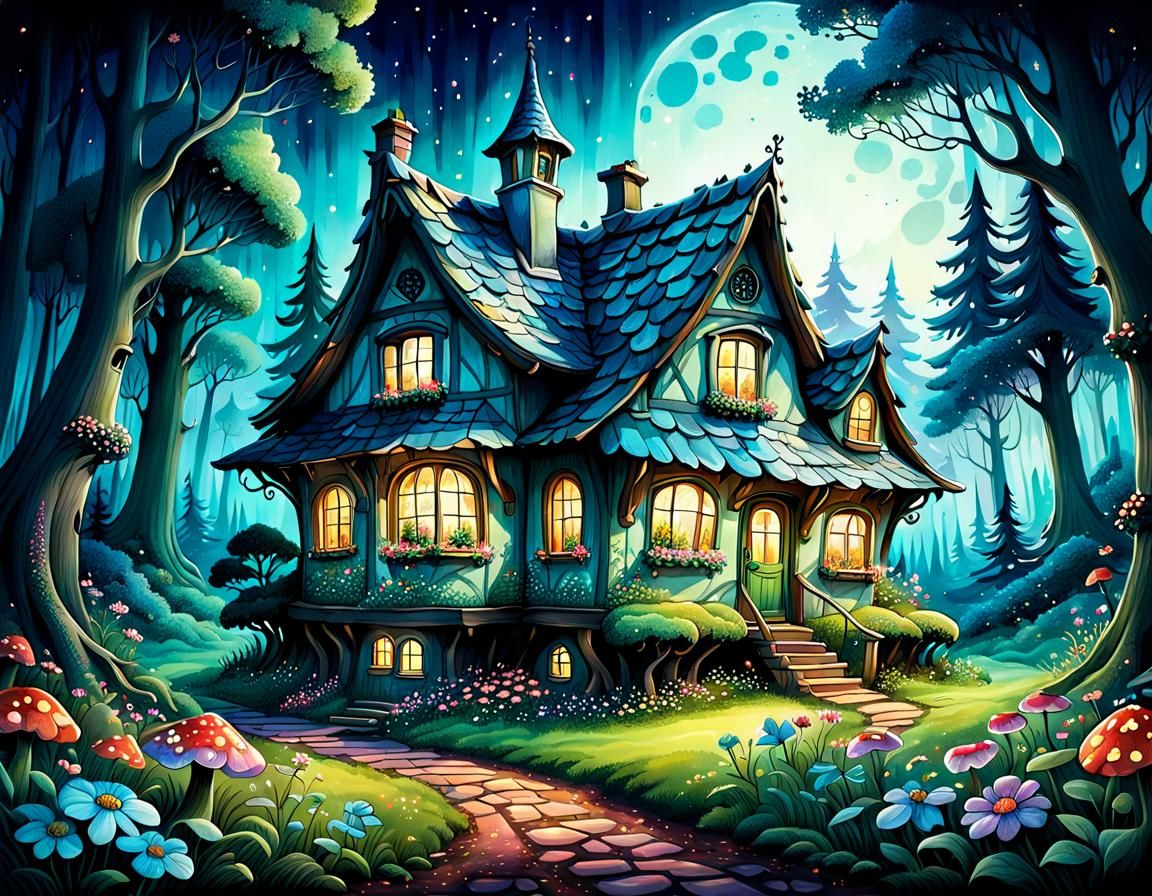 Fairytale Cottage in Magical Forest Illustration