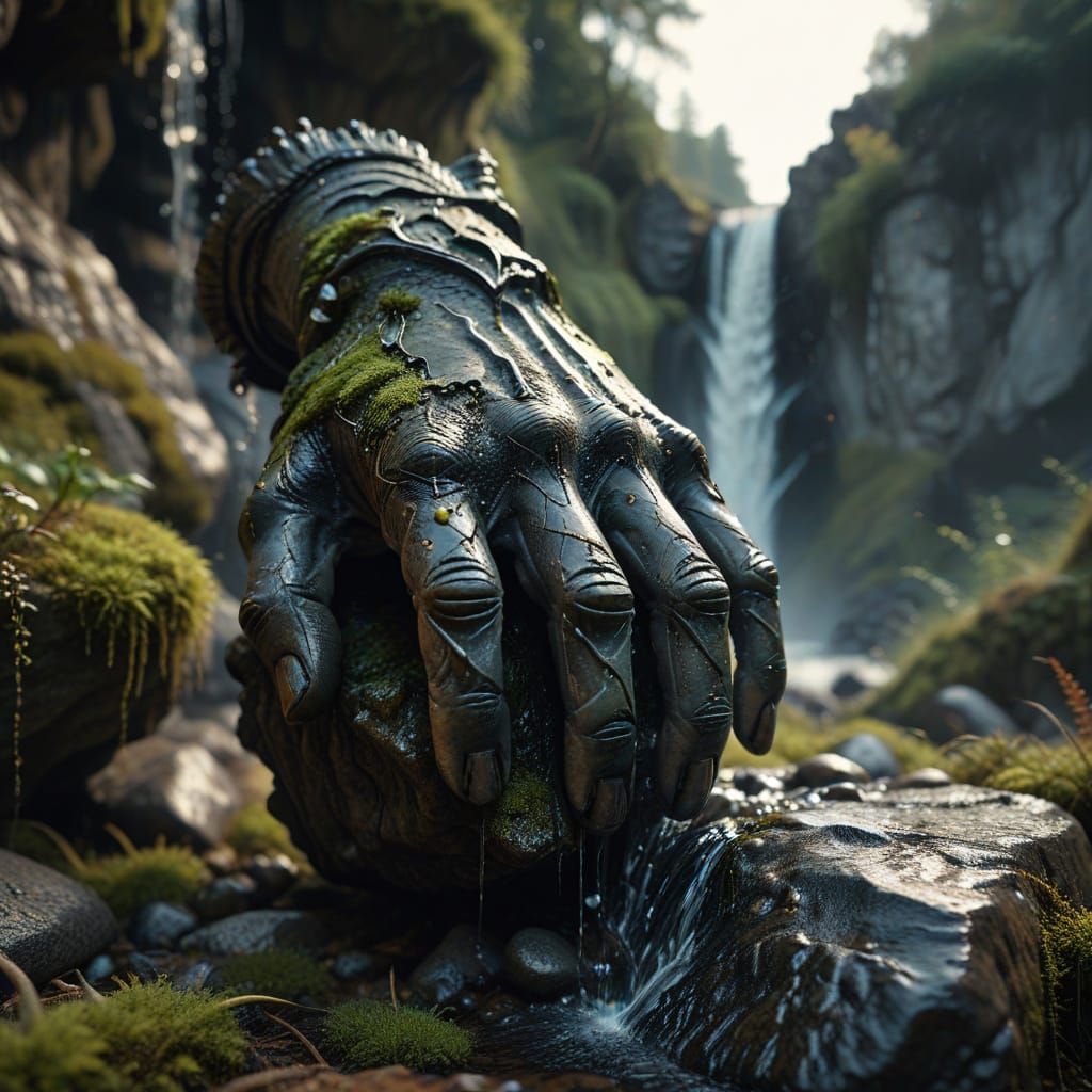 Surreal Colossal Hand Supports Majestic Mountain Range in Ch...