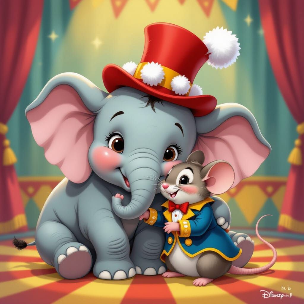 Baby Elephant and Mouse Snuggle in Disney Cartoon Style