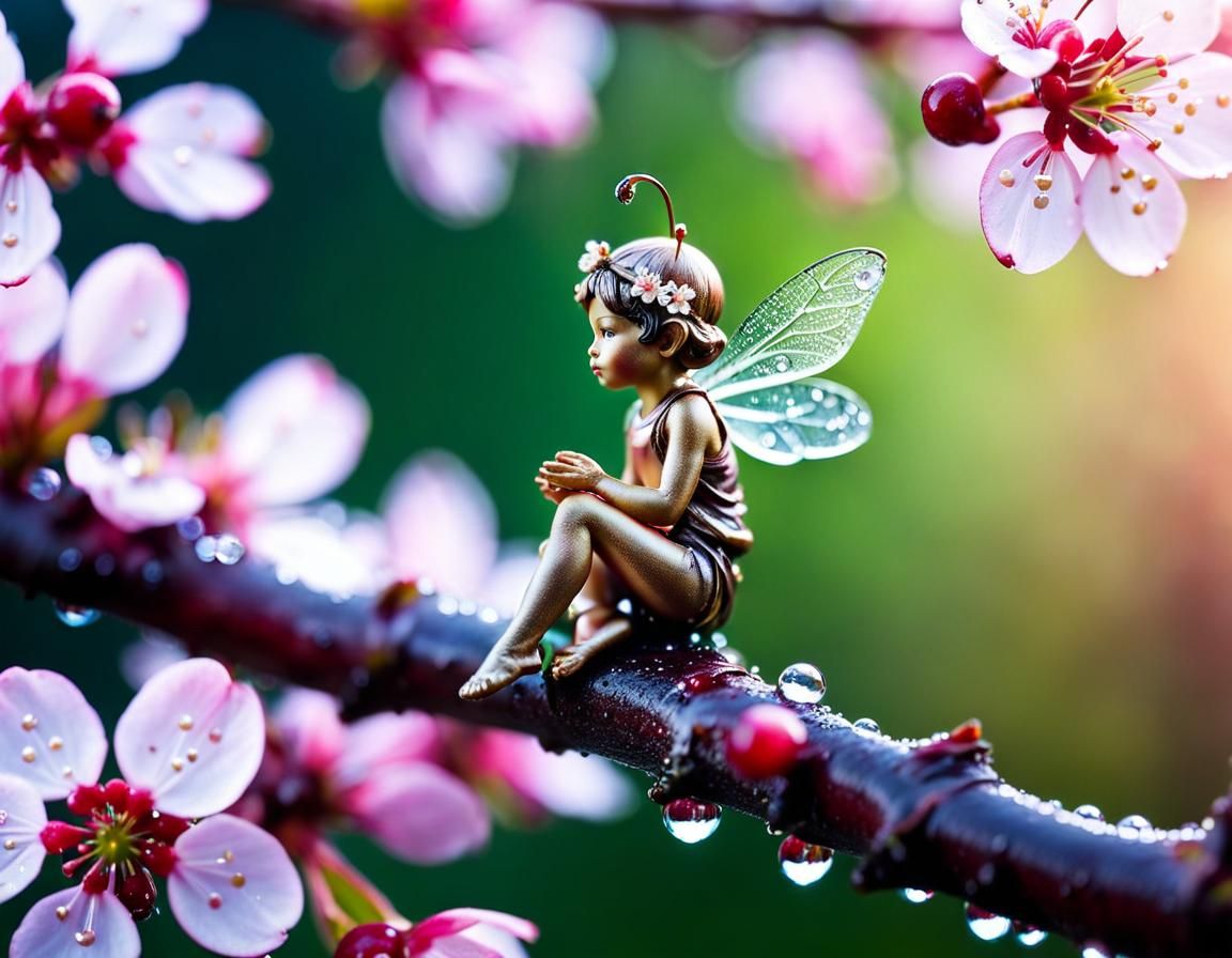 Tiny Fairy on Cherry Blossom in Macro Photography