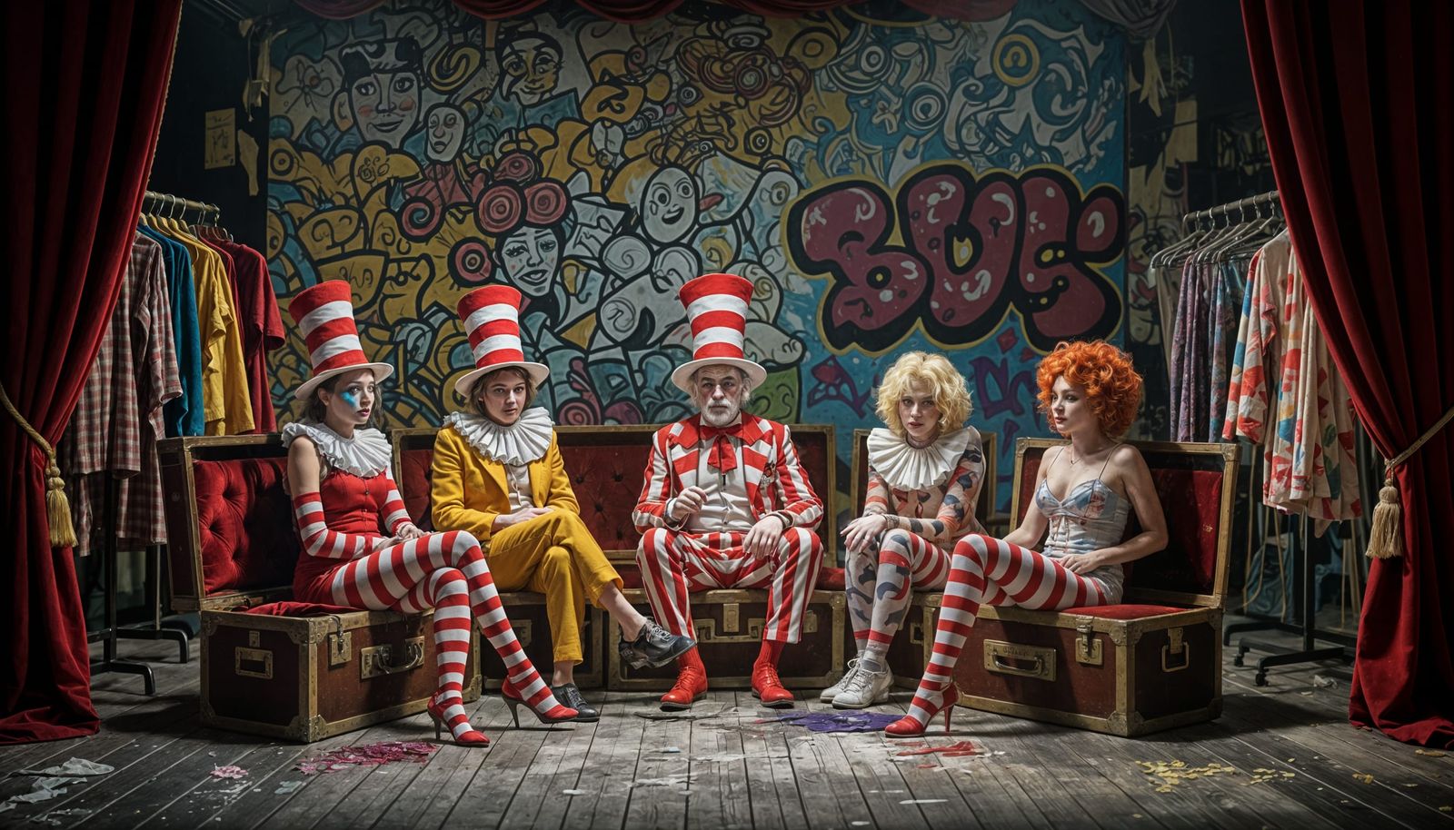 Seuss Performers Backstage in Cinematic Lighting