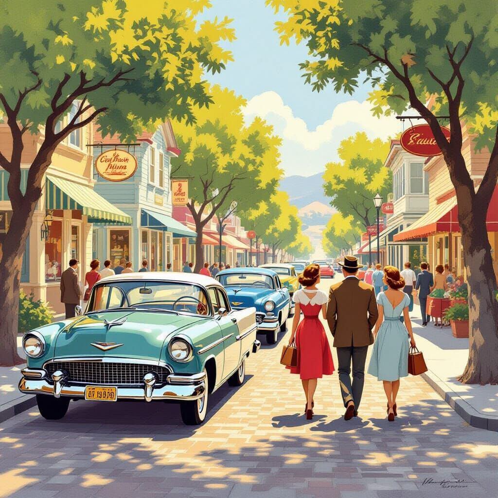 1950s California Street Scene in Vintage Illustration Style
