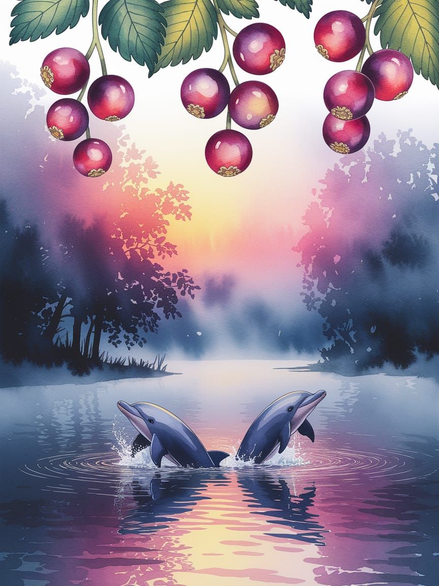 Dolphins Play Amidst Glowing Red Currants in Morning Foggy W...