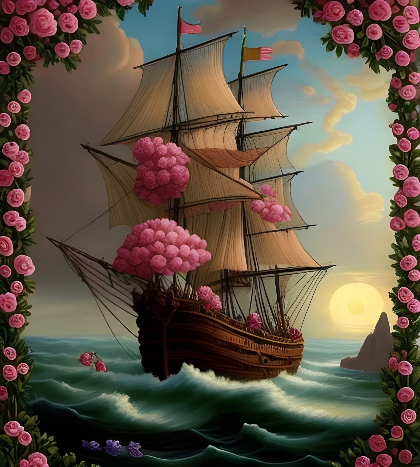 Magical Floral Clipper Ship on High Seas