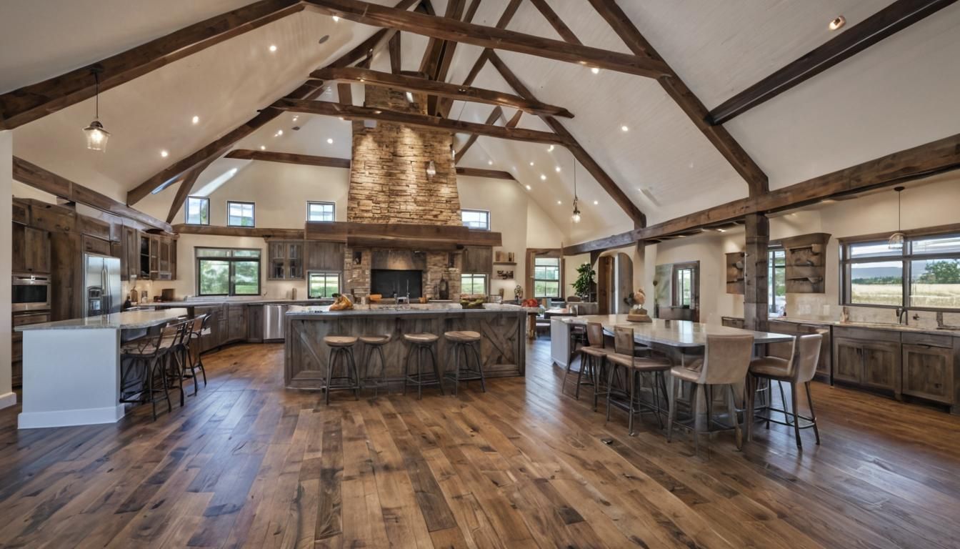 rustic, modern, barndominium, open floor plan, Massive Chef's Kitchen, stone fireplace, Barn Beams, Hardwood floors