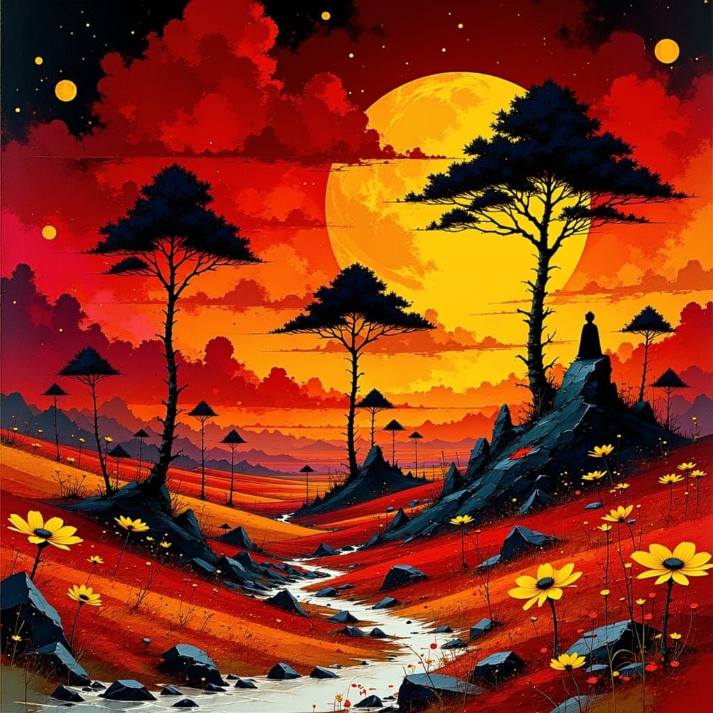 <lora:Akimora:1.0> Very cool kaleidoscopic landscape; colour palette of yellow, black deep red, orange highlights, splas...