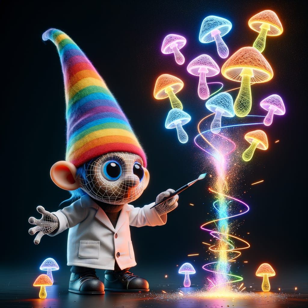 Gnome Creates Neon Mushroom Forest with Magic Wand