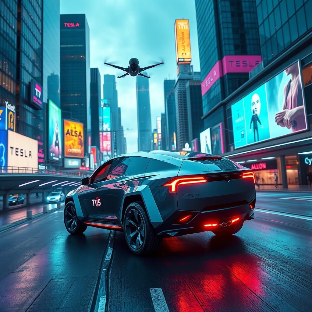 "A sleek, high-tech Tesla Cybertruck gliding through a futur...