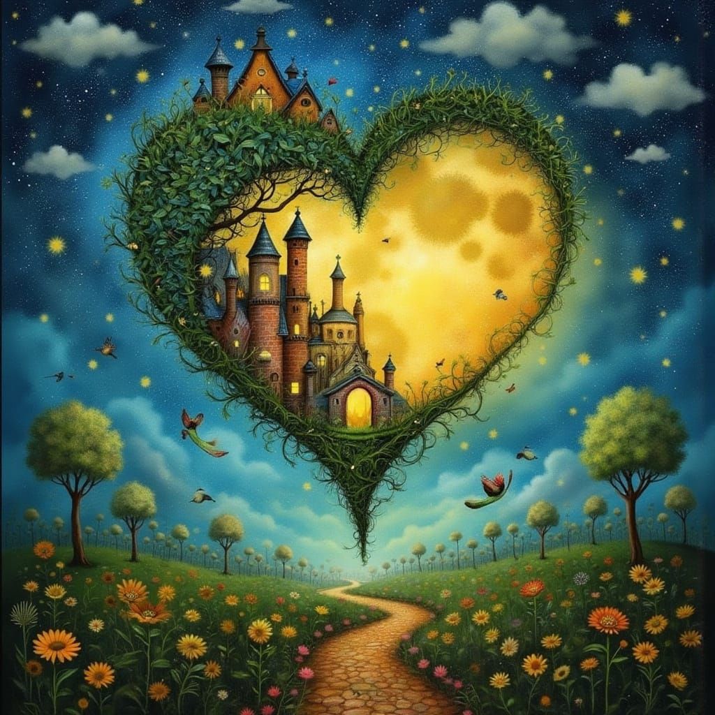 Whimsical Forest Village Inside Moon Heart