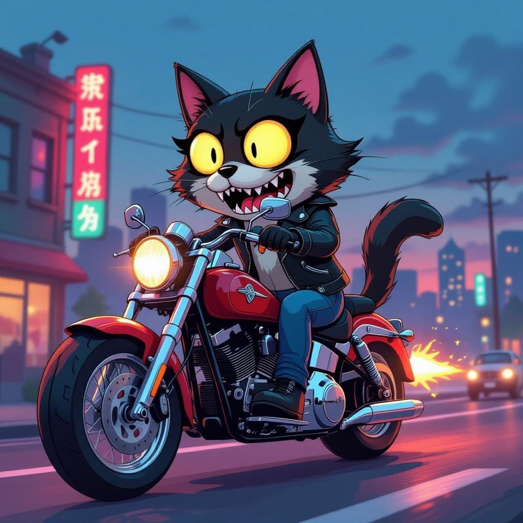 Anime Dog-Cat Hybrid Rides Menacing Motorcycle in Neon City