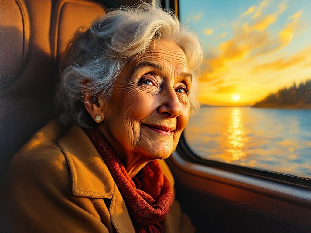 Elderly Woman Portrait on Train in Vivid Colors