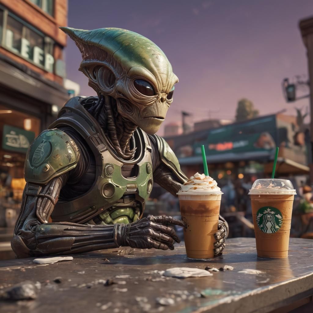 Alien Warrior's Starbucks Confusion: Hyperrealistic Concept ...