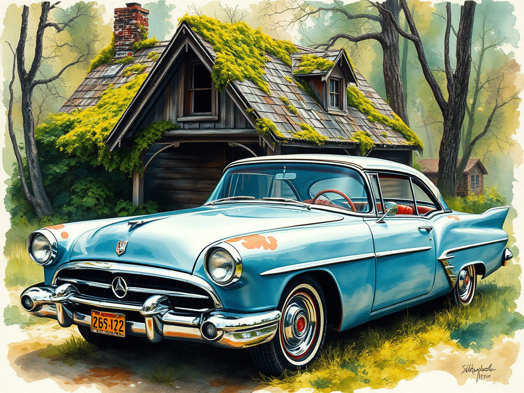 Classic Car Watercolor Painting in Abstract Expressionism St...