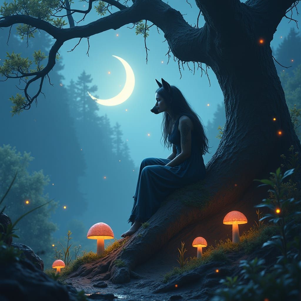 Wolf Woman in Mystical Moonlit Forest