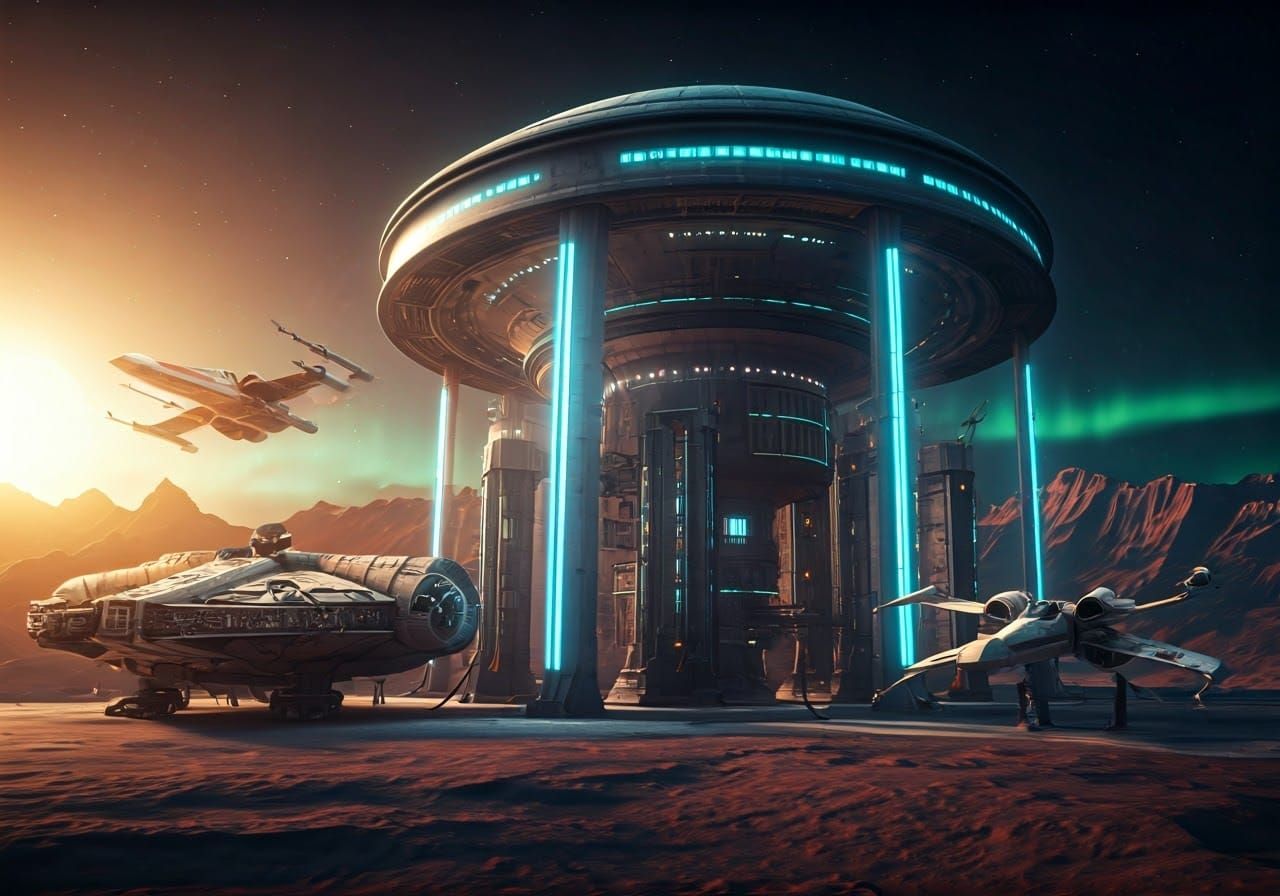 Spaceship Refueling Station on Alien Moon in Solarpunk Style