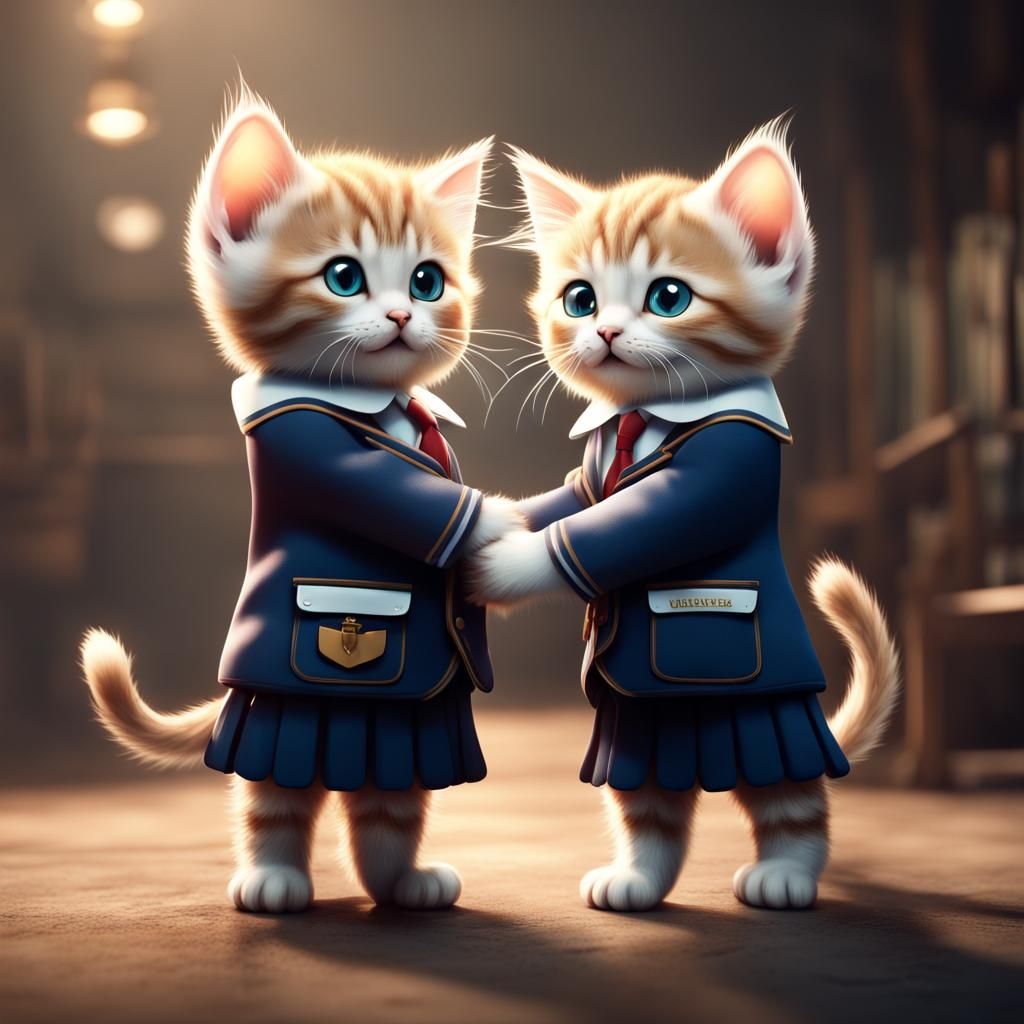 Kittens in School Uniforms: Detailed Matte Painting