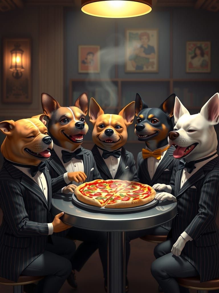 Dogs in Suits Share Pizza: 3D Anime Art