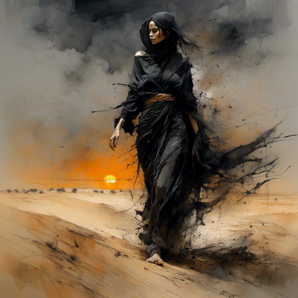 <lora:Brushed charcoal:1.0> Bedouin widow