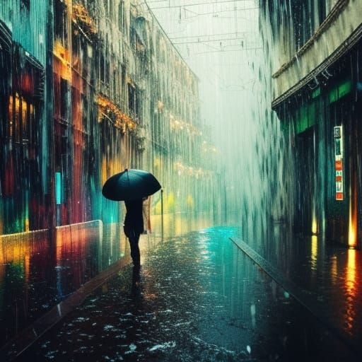 Dramatic Monochromatic Rain Scene with Umbrella