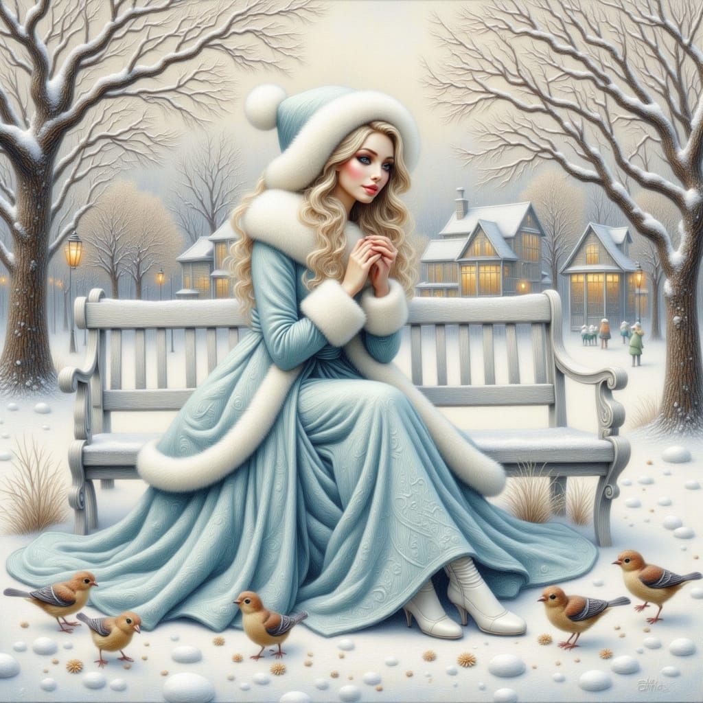 Woman Feeding Birds in Snowy Park Watercolor Style