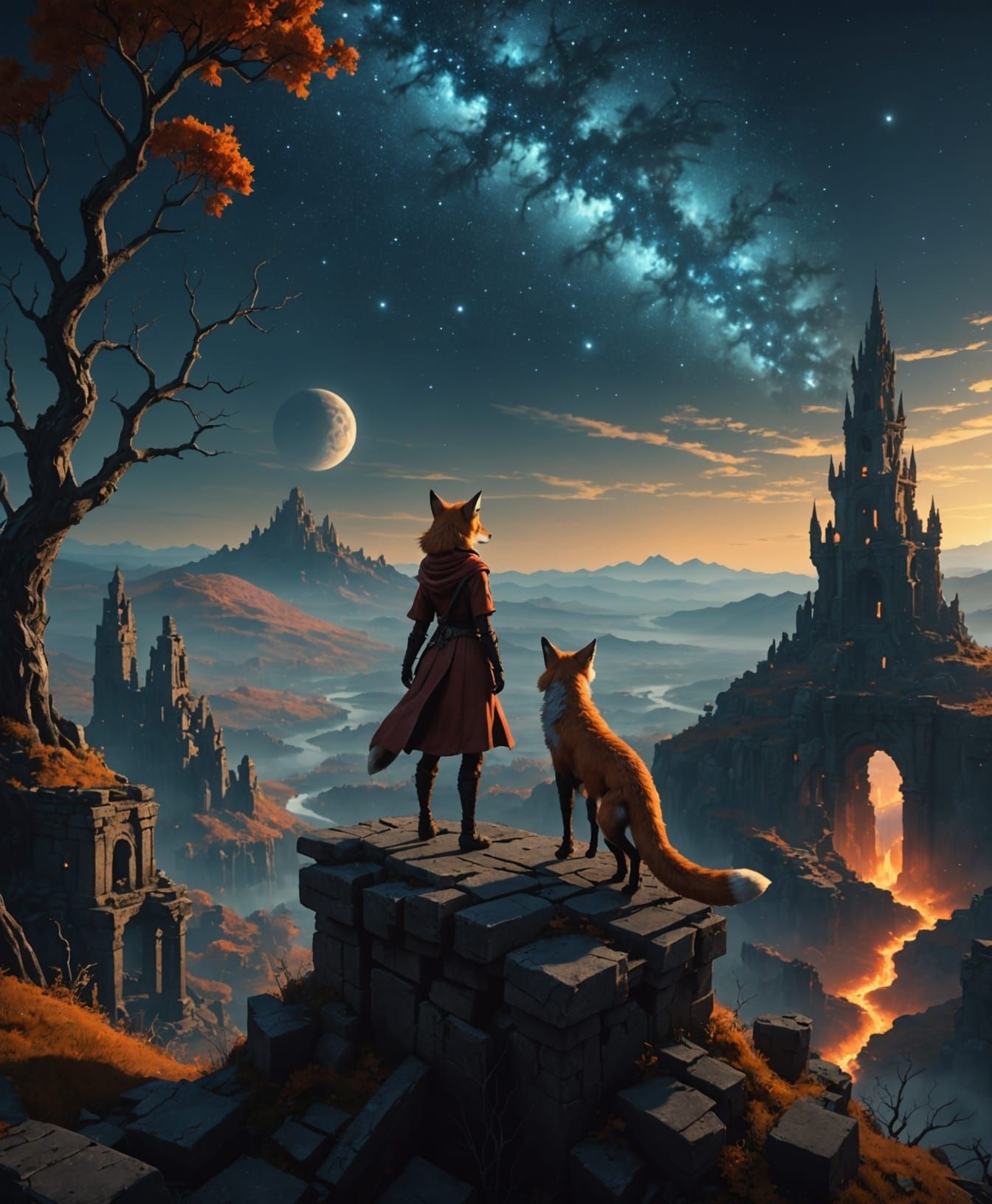 Kitsune in Ancient Ruins Under a Starry Sky