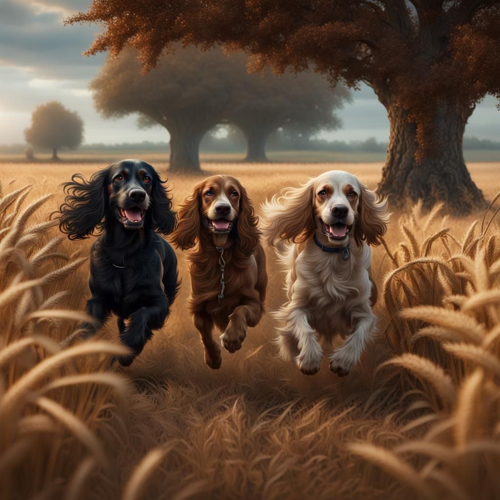 Cocker Spaniels Running Through Wheat Field Art