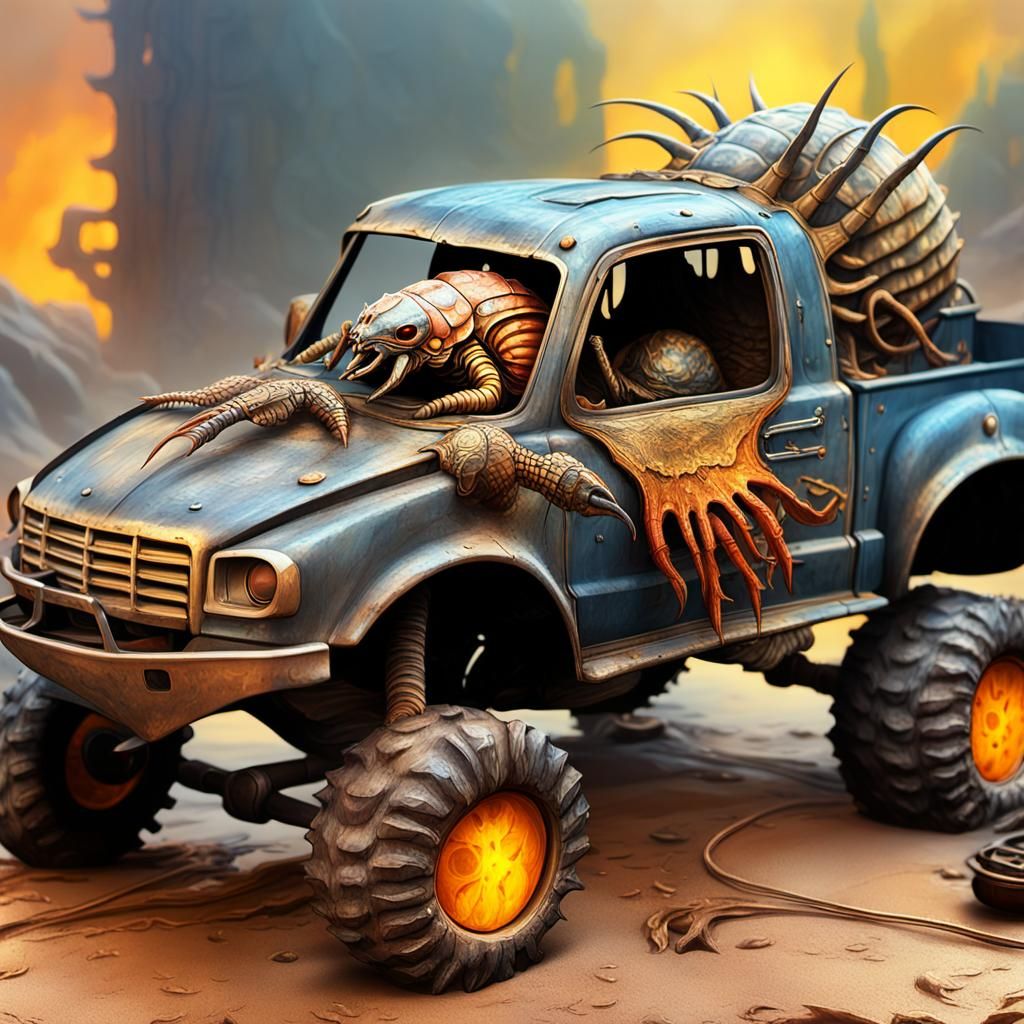 Giant Isopod Alien Rides in Pickup Truck