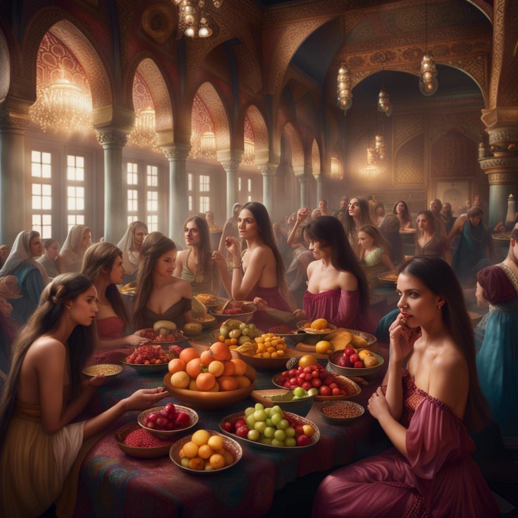 Lavish Harem Scene with Turkish Pasha in Photorealism