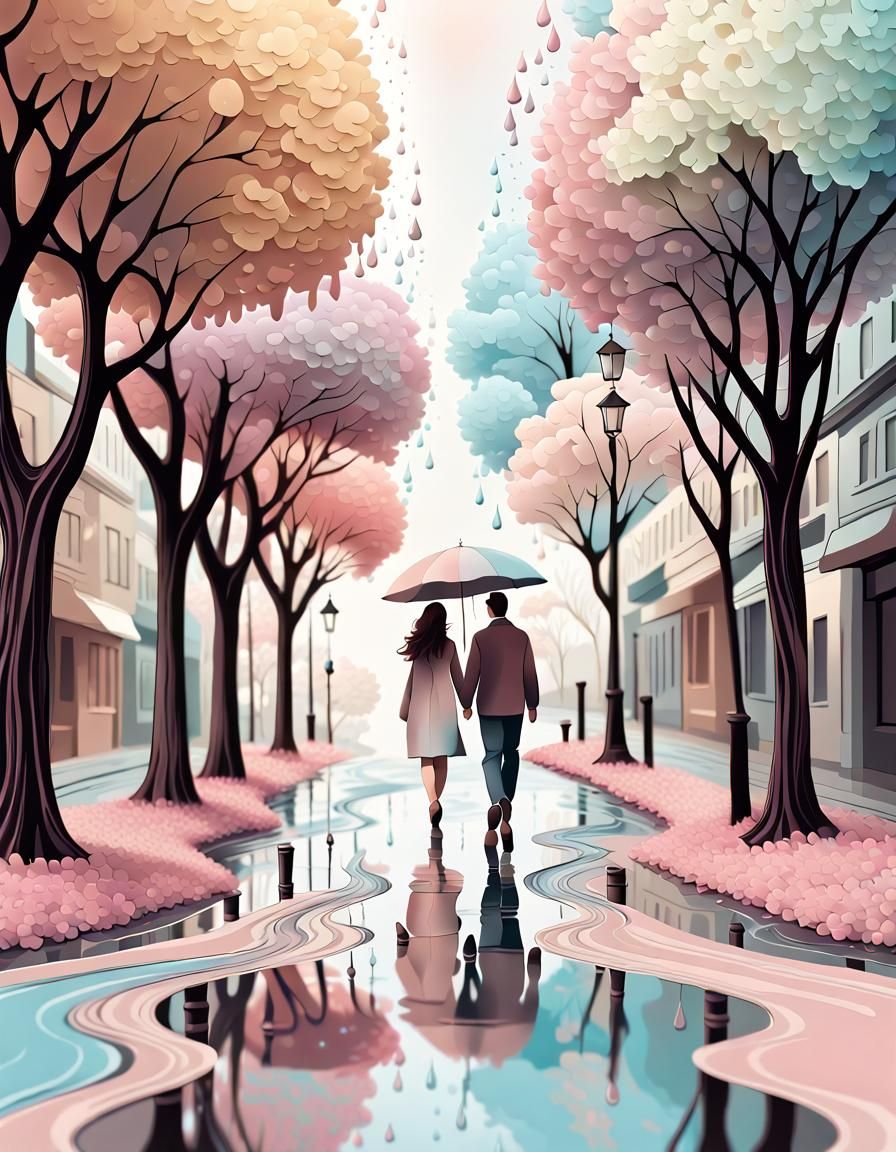 Pastel Street Scene with Couple in the Rain