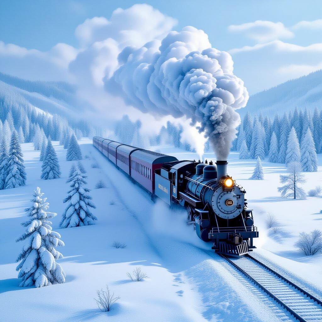 Snow-Dusted Steam Train in Vast Winter Landscape