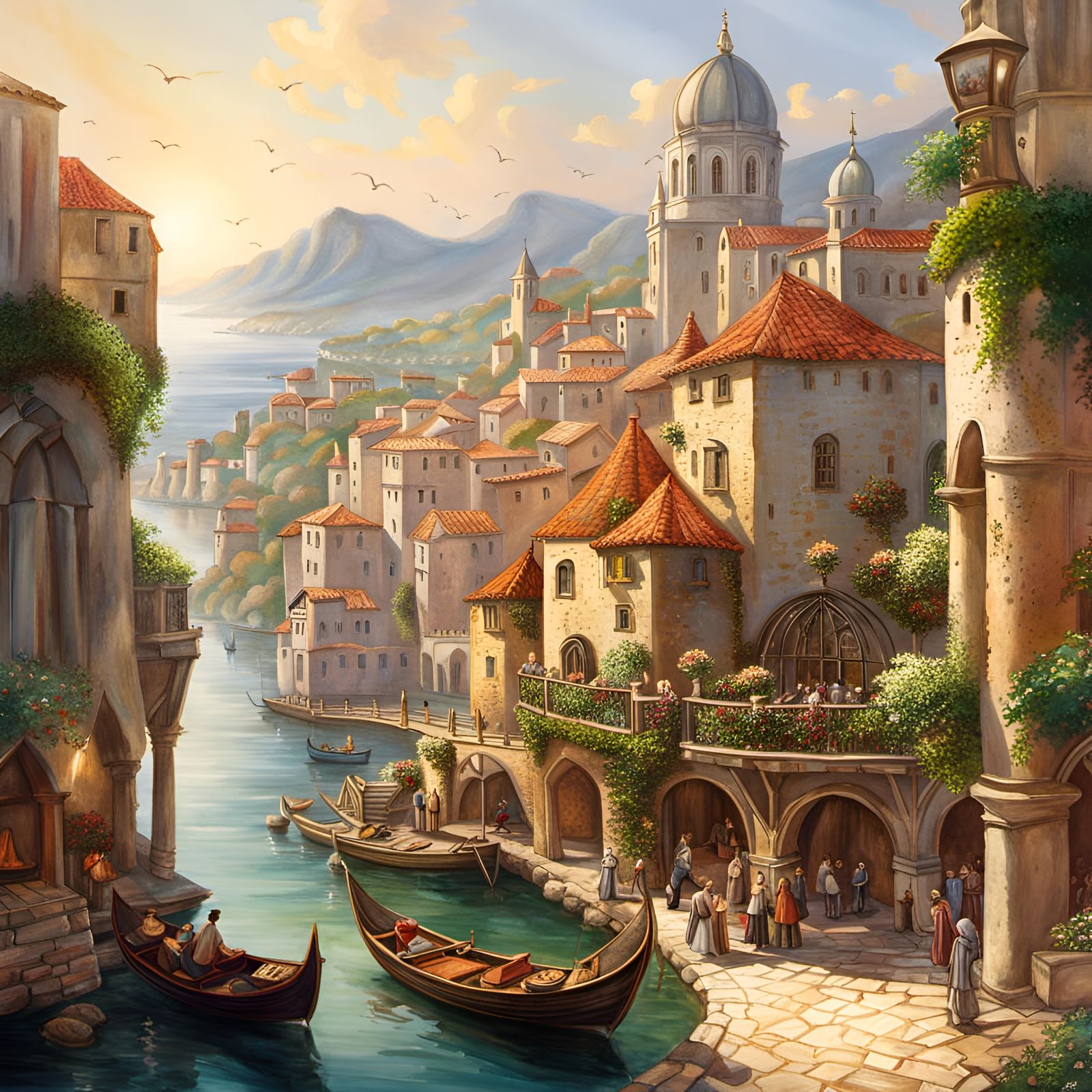 Lush Medieval Port City: Watercolor by Ghibli