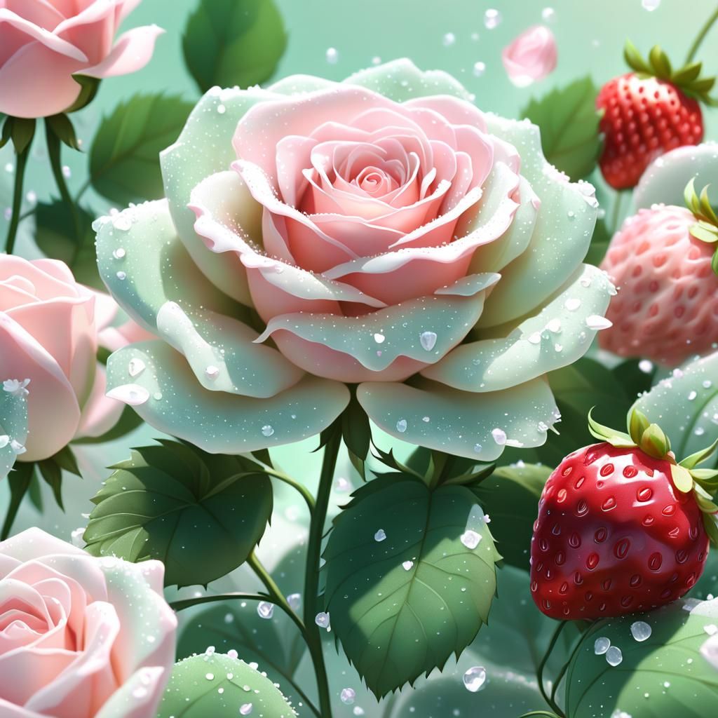 Surreal Pastel Anime Rose Blooms with Delicate Strawberries