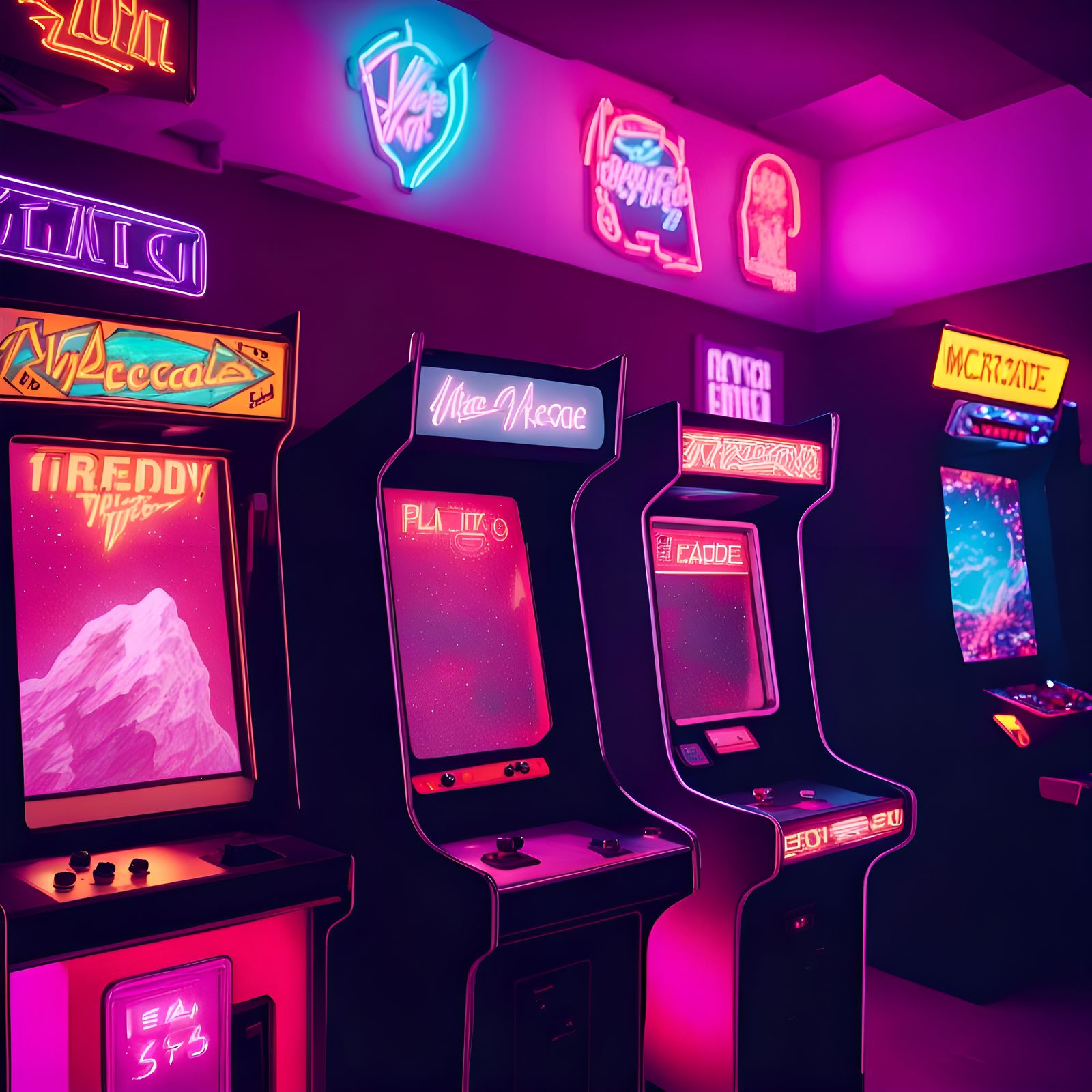Neon-lit Video Arcade in Synthwave Retro Style
