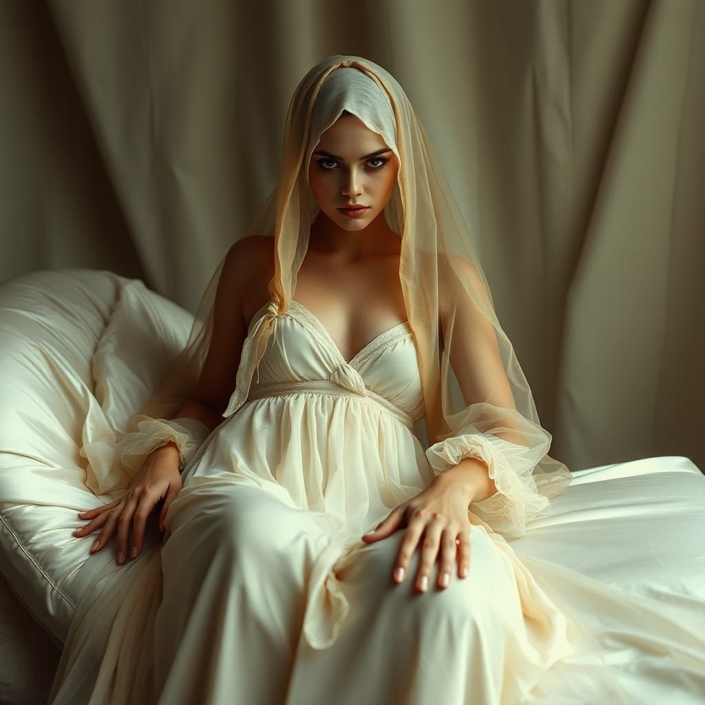 Reclining on Satin Chaise Longue Glamorous Intense Headscarf...