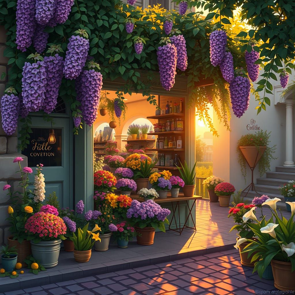 Flower Shop on Cobblestone Street, Art Nouveau Digital Paint...