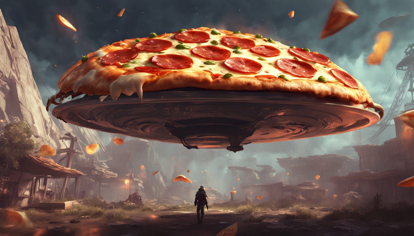 Pizza UFO in Hyperrealistic Digital Matte Painting