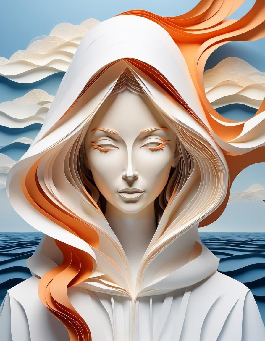 Surreal Paper Art Woman with Flowing Hair