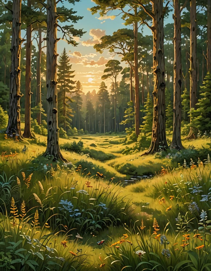 Enchanted Meadow at Sunset: A Digital Painting